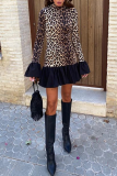 Street Leopard Print Half A Turtleneck Flare Sleeve Ruffle Hem Vacation Mini Dresses