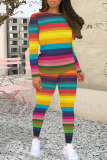 Khaki Casual Stripe Print O Neck Long Sleeve Sweatshirt And Skinny Pants Sportwear Two Pieces Sweatpants Sets