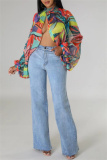 Green Casual Ombre Print Turtleneck Long Sleeve Front Slit Belted Vacation Mesh Blouse