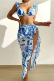 Colorful Print Belted Backless Sleeveless Ruffle Trim Bra Mini Shorts Bikini Sets Cover Up Maxi Skirt Beach Vacation Swimwear Three Piece Swimsuit