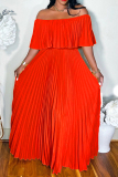 Red Backless Off Shoulder Dropped Shoulder Long Cinch Waist Vacation Formal Party Evening Pleated Maxi Dresses
