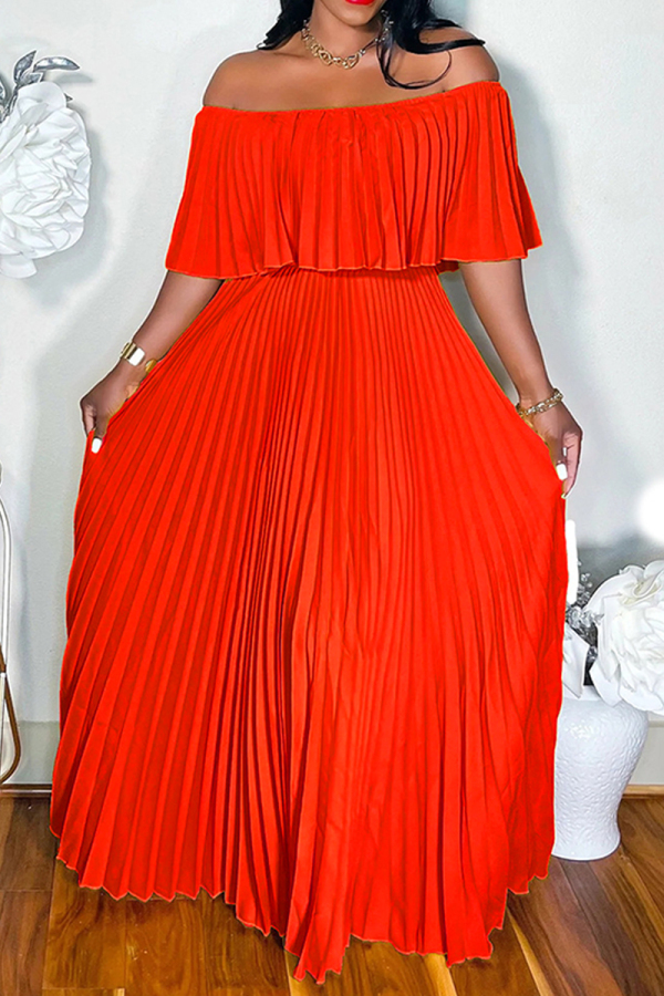 Red Backless Off Shoulder Dropped Shoulder Long Cinch Waist Vacation Formal Party Evening Pleated Maxi Dresses
