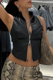 Black Street Sleeveless Zipper Collar Leather Crop Vest