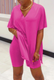 Black Casual V Neck Short Sleeve Slit Oversize T-shirt And Shorts Two Pieces Shorts Sets