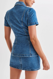Blue Casual Turndown Collar Short Sleeve Distressed Buttons Denim Blouse And Mini Skirt Two Pieces Dress Sets
