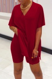 Black Casual V Neck Short Sleeve Slit Oversize T-shirt And Shorts Two Pieces Shorts Sets