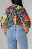 Green Casual Ombre Print Turtleneck Long Sleeve Front Slit Belted Vacation Mesh Blouse