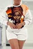 Black Casual Figure Print O Neck Long Sleeve Sweatshirt And Shorts Two Pieces Shorts Sets