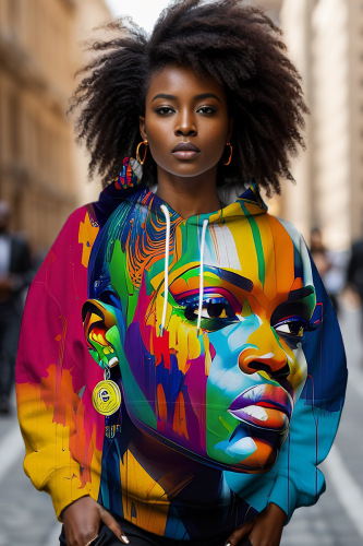 Orange Blue Figure Print Long Sleeve Loose Fall Winter Hooded Sweatshit