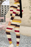 Khaki Casual Stripe Print O Neck Long Sleeve Sweatshirt And Skinny Pants Sportwear Two Pieces Sweatpants Sets