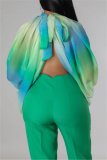 Green Casual Ombre Print Turtleneck Long Sleeve Front Slit Belted Vacation Mesh Blouse