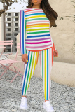 Khaki Casual Stripe Print O Neck Long Sleeve Sweatshirt And Skinny Pants Sportwear Two Pieces Sweatpants Sets