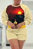Black Casual Figure Print O Neck Long Sleeve Sweatshirt And Shorts Two Pieces Shorts Sets