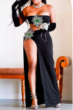 Black Rhinestone Sunflower Decor Sleeveless Strapless  Slit Tube Crop Tops And Side Slit Maxi Skirts Formal Evening Party Two Pieces Dress Sets (With