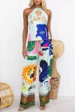 White Casual Graphcis Print O Neck Sleeveless Halter Tops And Wide Leg Pants Vacation Two Pieces Trouser Sets