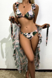 Colorful Print Belted Backless Sleeveless Ruffle Trim Bra Mini Shorts Bikini Sets Cover Up Maxi Skirt Beach Vacation Swimwear Three Piece Swimsuit