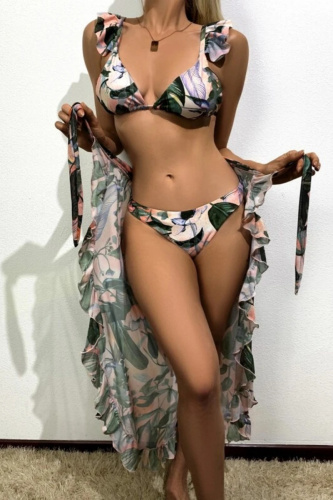 Colorful Print Belted Backless Sleeveless Ruffle Trim Bra Mini Shorts Bikini Sets Cover Up Maxi Skirt Beach Vacation Swimwear Three Piece Swimsuit
