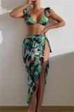 Colorful Print Belted Backless Sleeveless Ruffle Trim Bra Mini Shorts Bikini Sets Cover Up Maxi Skirt Beach Vacation Swimwear Three Piece Swimsuit