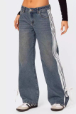 Brown Street Distressed Lace Up Mid Waist Loose Wide Leg Denim Jeans
