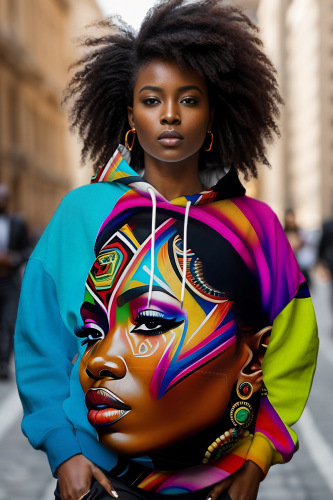 Blue Brown Figure Print Long Sleeve Loose Fall Winter Hooded Sweatshit