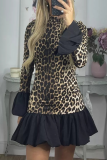 Street Leopard Print Half A Turtleneck Flare Sleeve Ruffle Hem Vacation Mini Dresses