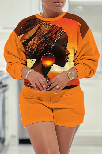 Black Casual Figure Print O Neck Long Sleeve Sweatshirt And Shorts Two Pieces Shorts Sets