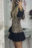 Street Leopard Print Half A Turtleneck Flare Sleeve Ruffle Hem Vacation Mini Dresses