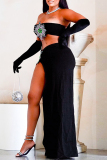 Black Rhinestone Sunflower Decor Sleeveless Strapless  Slit Tube Crop Tops And Side Slit Maxi Skirts Formal Evening Party Two Pieces Dress Sets (With