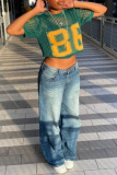 Green Casual Digital Hollow Out O Neck Short Sleeve Sportswear Knitted T-shirt