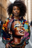 Blue Brown Figure Print Long Sleeve Loose Fall Winter Hooded Sweatshit