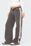 Brown Street Distressed Lace Up Mid Waist Loose Wide Leg Denim Jeans