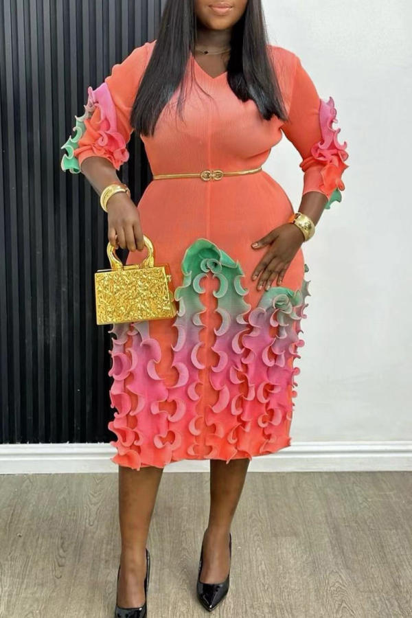Pink Casual Ruffle Trim V Neck 3/4 Sleeve Formal Evening Party Office Lady Bodycon Midi Dresses
