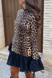 Street Leopard Print Half A Turtleneck Flare Sleeve Ruffle Hem Vacation Mini Dresses