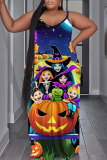 Blue Gradient Halloween Pumpkin Print U Neck Backless Spaghetti Strap Floor Length Vacation Baggy Sundress Slip Maxi Dress