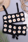 Black Flowers Decor Backless Sleeveless Hollow Out Corchet Knitted Bra And Mini Shorts Bikini Sets Beach Vacation Swimwears