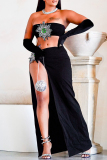 Black Rhinestone Sunflower Decor Sleeveless Strapless  Slit Tube Crop Tops And Side Slit Maxi Skirts Formal Evening Party Two Pieces Dress Sets (With