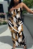 Black Graphics Print Sleeveless Backless Spaghetti Strap Square Neck Vacation Bodycon Maxi Slip Dress