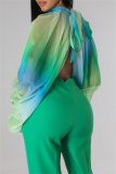 Green Casual Ombre Print Turtleneck Long Sleeve Front Slit Belted Vacation Mesh Blouse