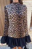 Street Leopard Print Half A Turtleneck Flare Sleeve Ruffle Hem Vacation Mini Dresses