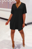 Black Casual V Neck Short Sleeve Slit Oversize T-shirt And Shorts Two Pieces Shorts Sets