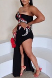 Black Rhinestone Backless Strapless Sleeveless Slit Tube Crop Tops And Side Slit Maxi Skirts Formal Evening Party Two Pieces Dress Sets (With Sleeves)
