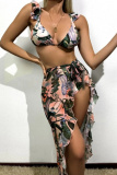 Colorful Print Belted Backless Sleeveless Ruffle Trim Bra Mini Shorts Bikini Sets Cover Up Maxi Skirt Beach Vacation Swimwear Three Piece Swimsuit