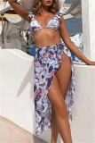 Colorful Print Belted Backless Sleeveless Ruffle Trim Bra Mini Shorts Bikini Sets Cover Up Maxi Skirt Beach Vacation Swimwear Three Piece Swimsuit