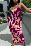 Black Graphics Print Sleeveless Backless Spaghetti Strap Square Neck Vacation Bodycon Maxi Slip Dress
