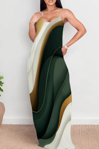 Dark Green Graphics Print Backless Sleeveless Spaghetti Strap Floor Length Long Baggy Slip Maxi Dresses
