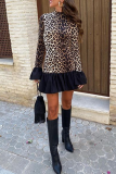 Street Leopard Print Half A Turtleneck Flare Sleeve Ruffle Hem Vacation Mini Dresses
