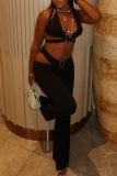 Black Backless Sleeveless Halter Crop Tops And Straight Leg Pants Night Cub Two Pieces Trouser Sets