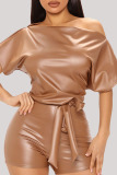 Camel Casual Oblique Collar Short Sleeve With Belt Leather Skinny Rompers