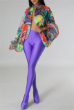 Green Casual Ombre Print Turtleneck Long Sleeve Front Slit Belted Vacation Mesh Blouse