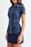 Blue Casual Turndown Collar Short Sleeve Distressed Buttons Denim Blouse And Mini Skirt Two Pieces Dress Sets